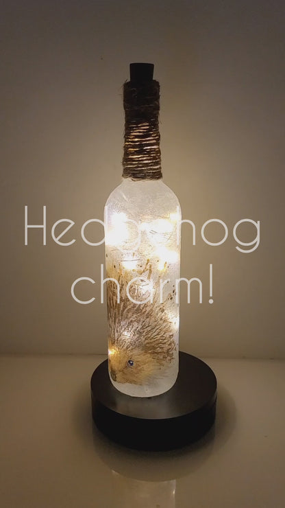 Rotating example of a Lit up standard wine bottle with single hedgehog detail. Cork LED lights. Jute twine wound all the way down the neck of the bottle