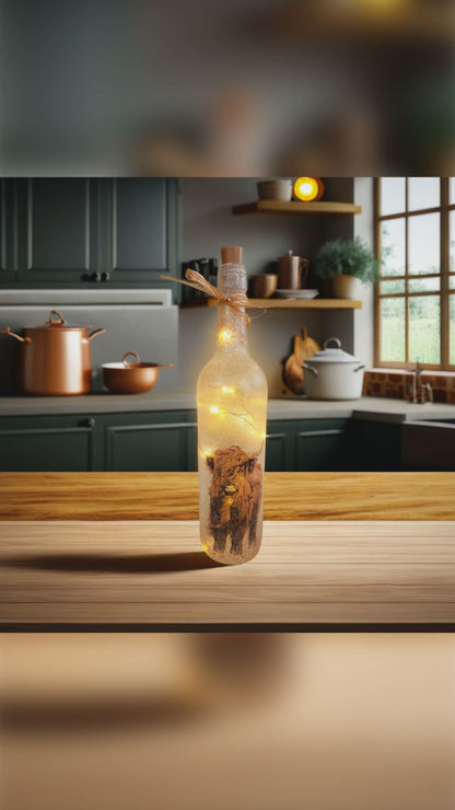 Highland Cow Bottle Lamp | Upcycled Decoupage LED Light | Quantock Inspiration