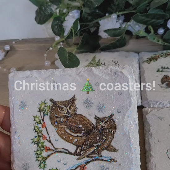 Set of four square slate coasters with four different wildlife designs; Foxes, Owls, Rabbits and Deer. All are depicted in the snow