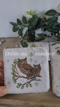 Load and play video in Gallery viewer, Set of four square slate coasters with four different wildlife designs; Foxes, Owls, Rabbits and Deer. All are depicted in the snow
