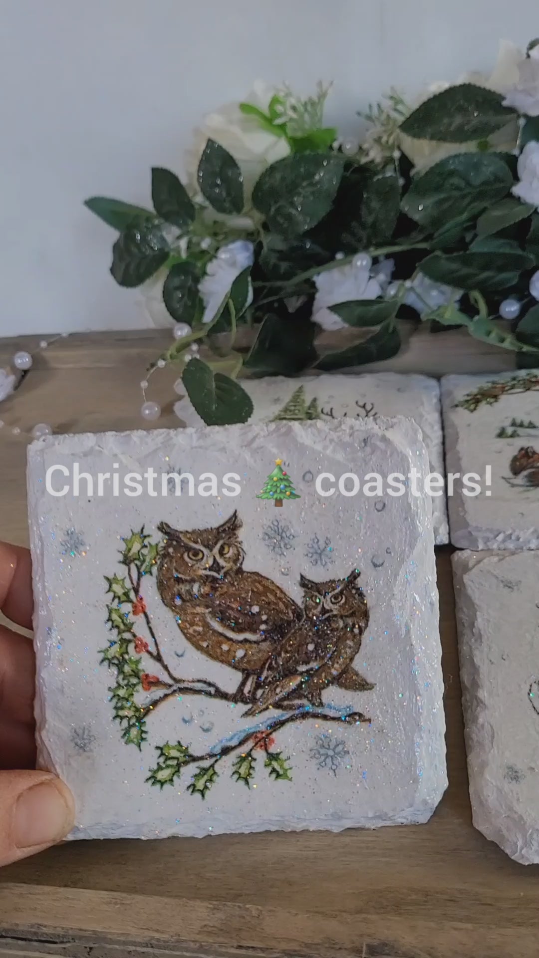 Set of four square slate coasters with four different wildlife designs; Foxes, Owls, Rabbits and Deer. All are depicted in the snow