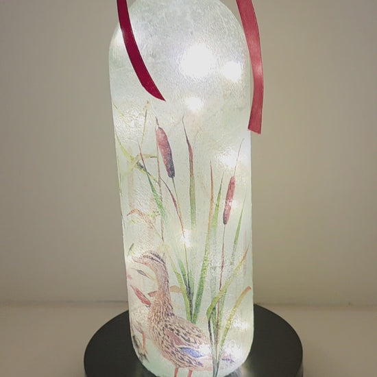 Wine bottle with ducks and ducklings on. Lit up with brown cork. Red ribbon embellishment