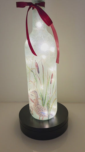 Wine bottle with ducks and ducklings on. Lit up with brown cork. Red ribbon embellishment