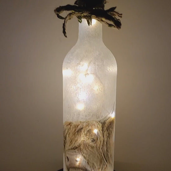 Rotating example of a lit up wine bottle with Highland cow detail, cork LED lights and jute twine with green leaves around the neck of the bottle