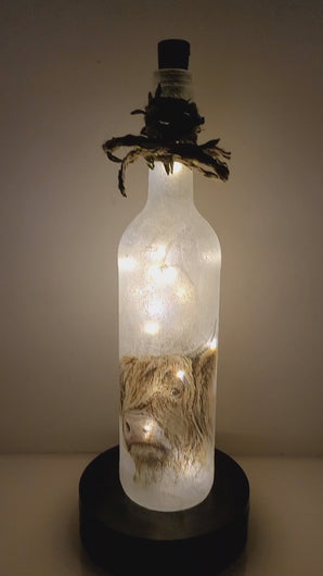 Rotating example of a lit up wine bottle with Highland cow detail, cork LED lights and jute twine with green leaves around the neck of the bottle