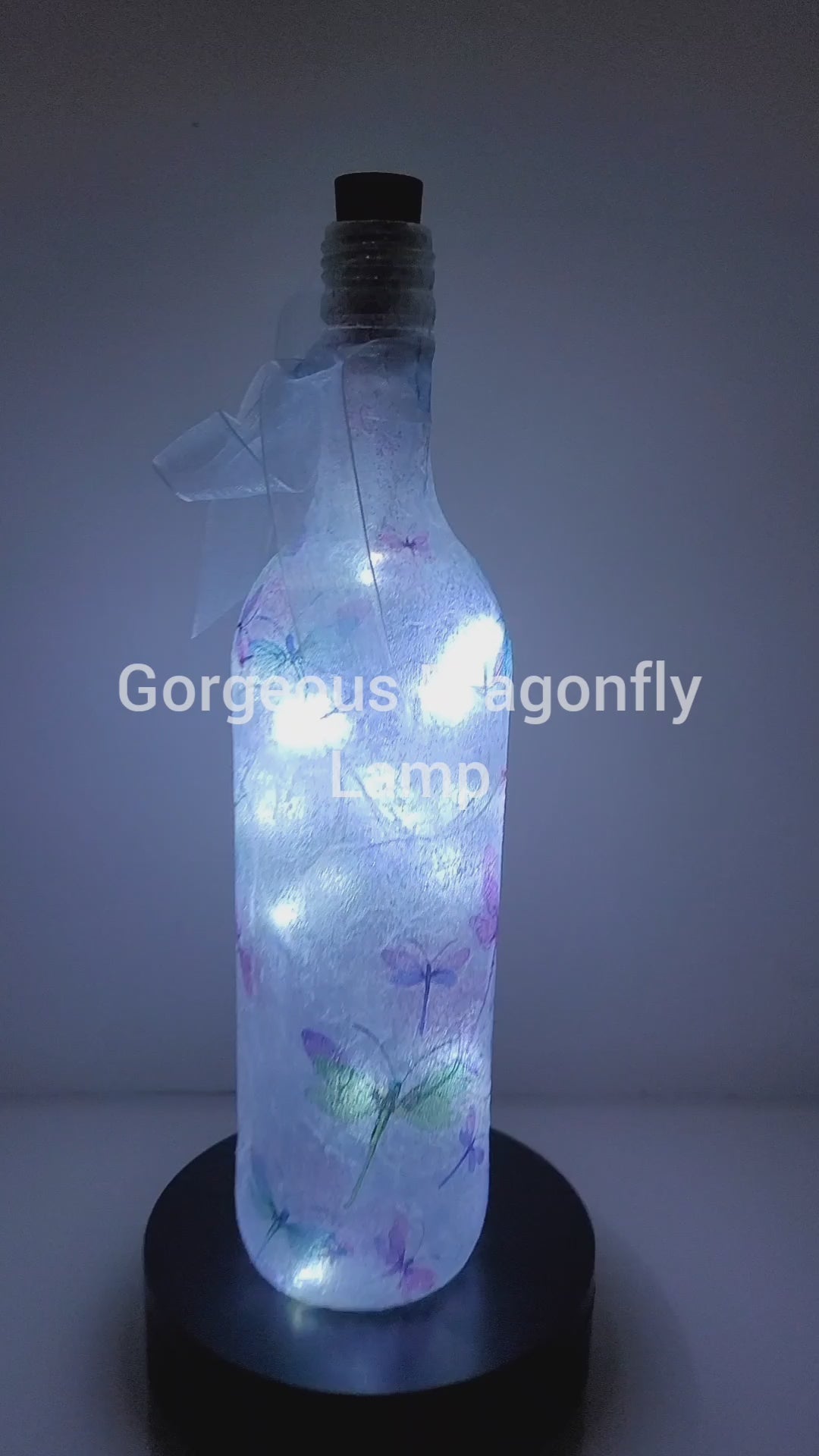 Rotating wine bottle with Dragonfly detail Pale blue bow