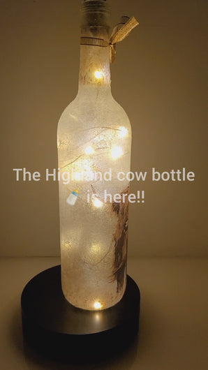 Rotating wine bottle, lit up with brown Highland cow detail. Gold bow finish.