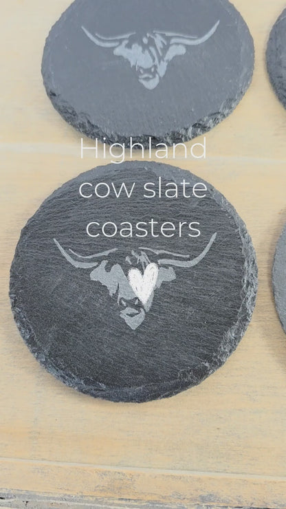 Highland Cow Slate Coasters | Hand Engraved Set of Four | Quantock Inspiration