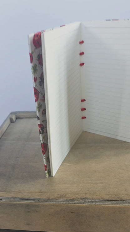 video of a ladybird themed notebook with lined pages and bound with ribbon