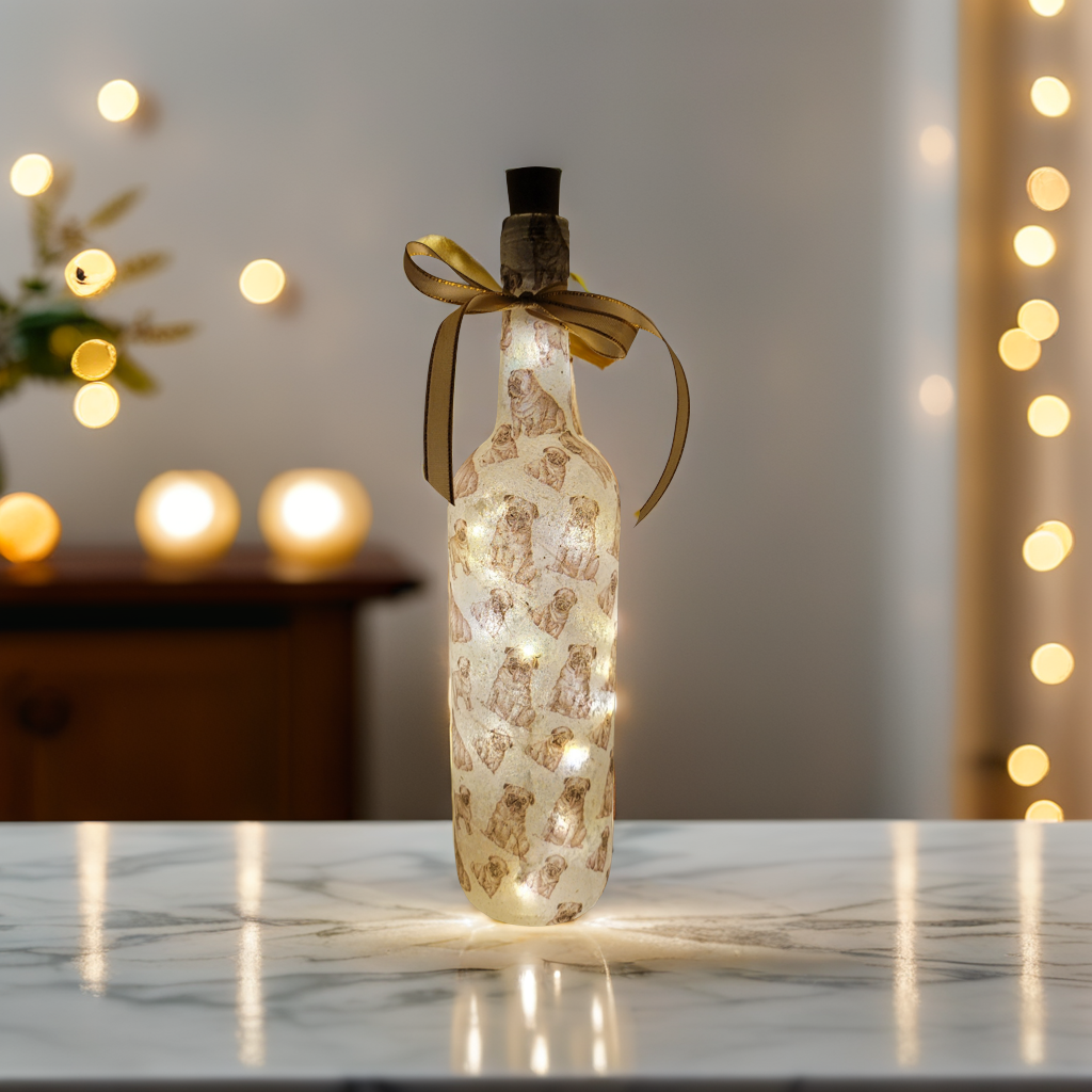 wine bottle decorated with tiny pug dog images. Cork LED lights and gold ribbon embellishment