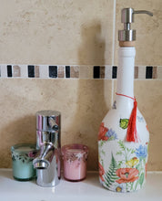 Load image into Gallery viewer, Recycled Bottle Dispenser, Decoupage Bottle Dispenser, Glass Dispenser, Bottle Crafts - Quantock Inspiration
