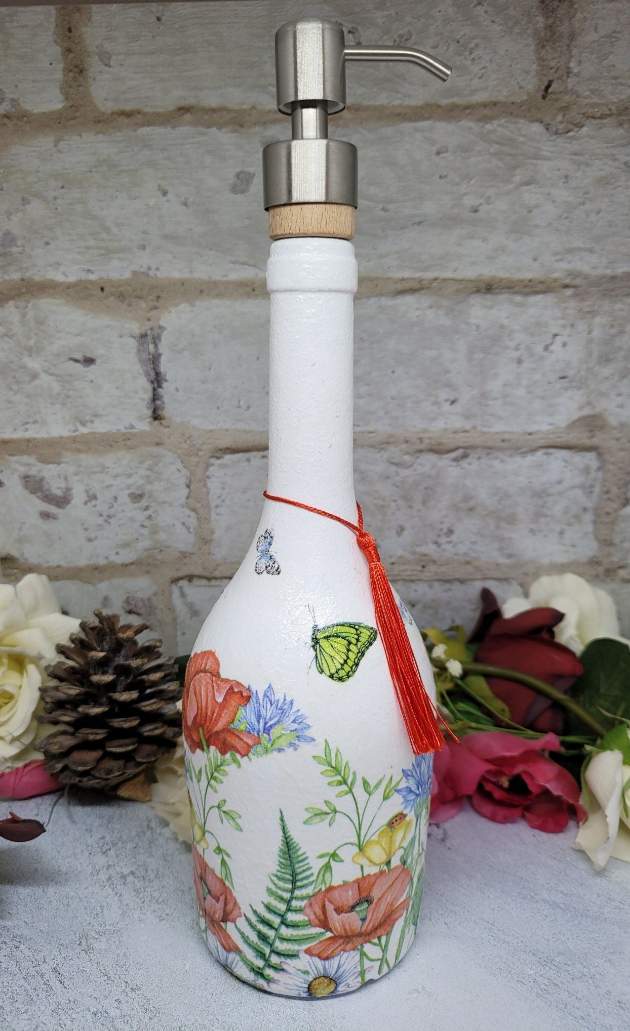 Recycled Bottle Dispenser, Decoupage Bottle Dispenser, Glass Dispenser, Bottle Crafts - Quantock Inspiration