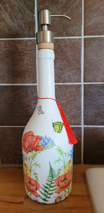 Recycled Bottle Dispenser, Decoupage Bottle Dispenser, Glass Dispenser, Bottle Crafts - Quantock Inspiration