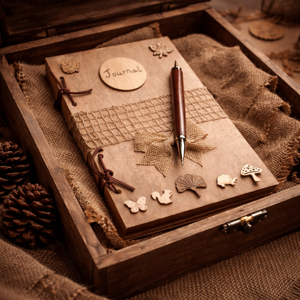 wooden Journal with decorative woodland elements and a pen inside a wooden box on a textured surface.