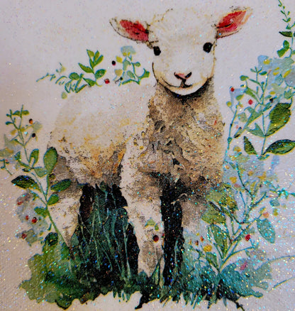 Illustration of a lamb surrounded by flowers and plants on a textured background