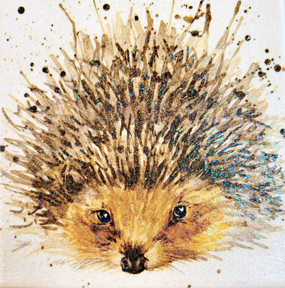 Artistic decoupage depiction of a hedgehog on a light background