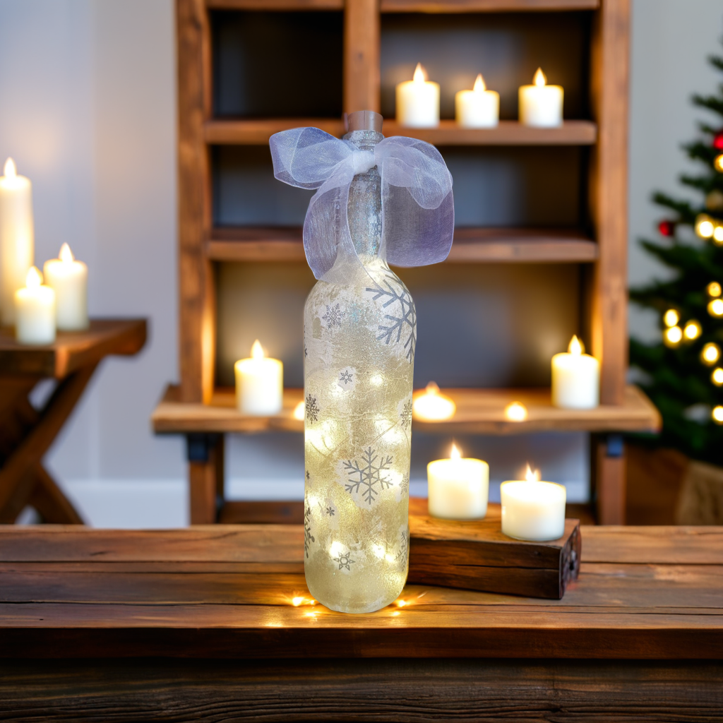 Decoupage Snowflake Light Up Bottle Lamp