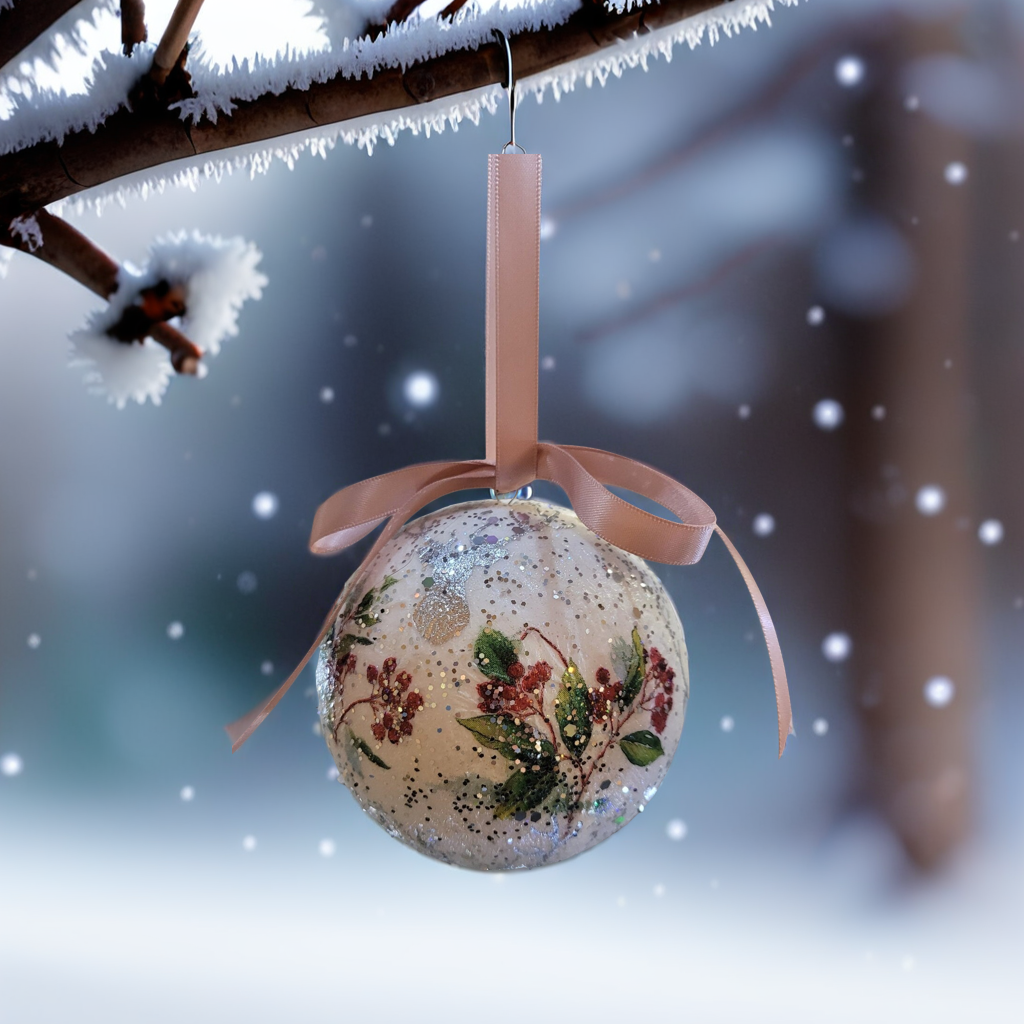 Stag and Berries Christmas Baubles | Decoupage Handmade Set of Two | Quantock Inspiration