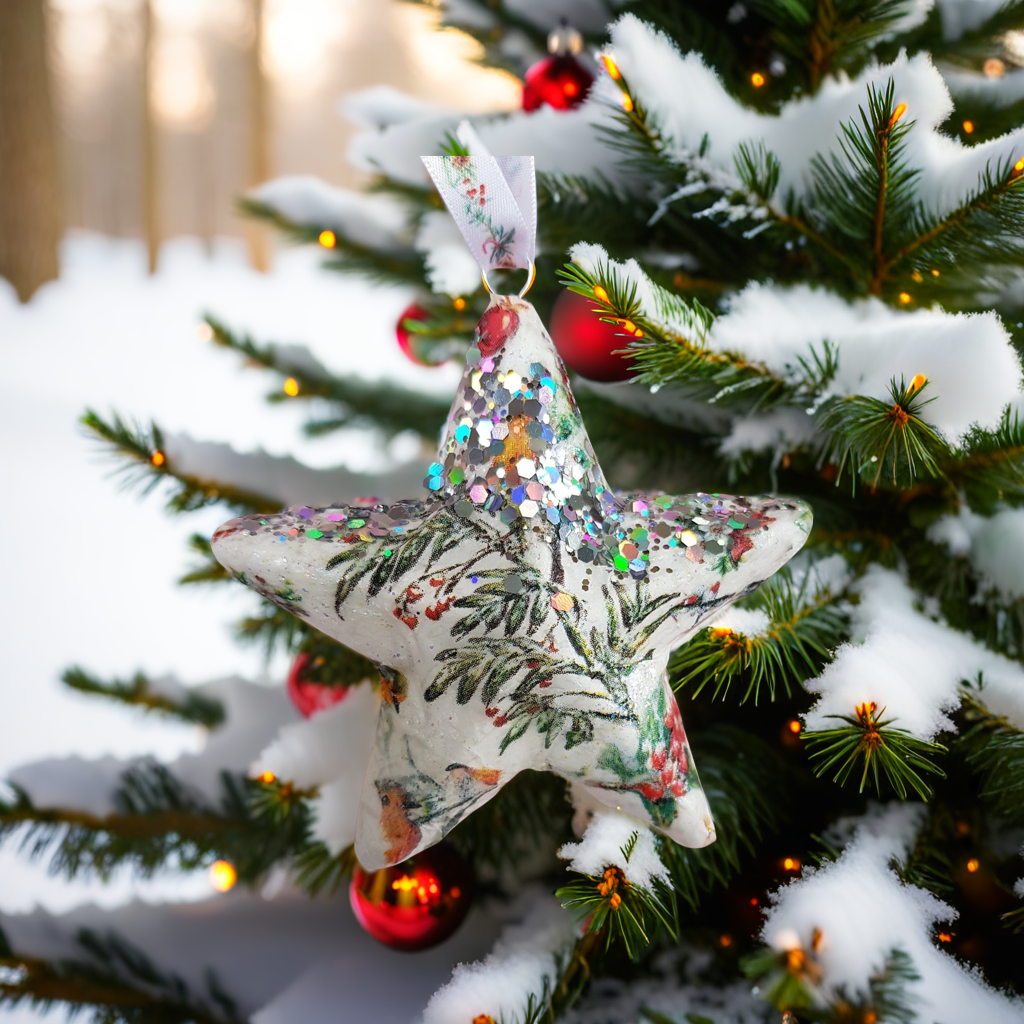 Star Christmas Baubles | Handmade Decoupage Set of Two | Quantock Inspiration