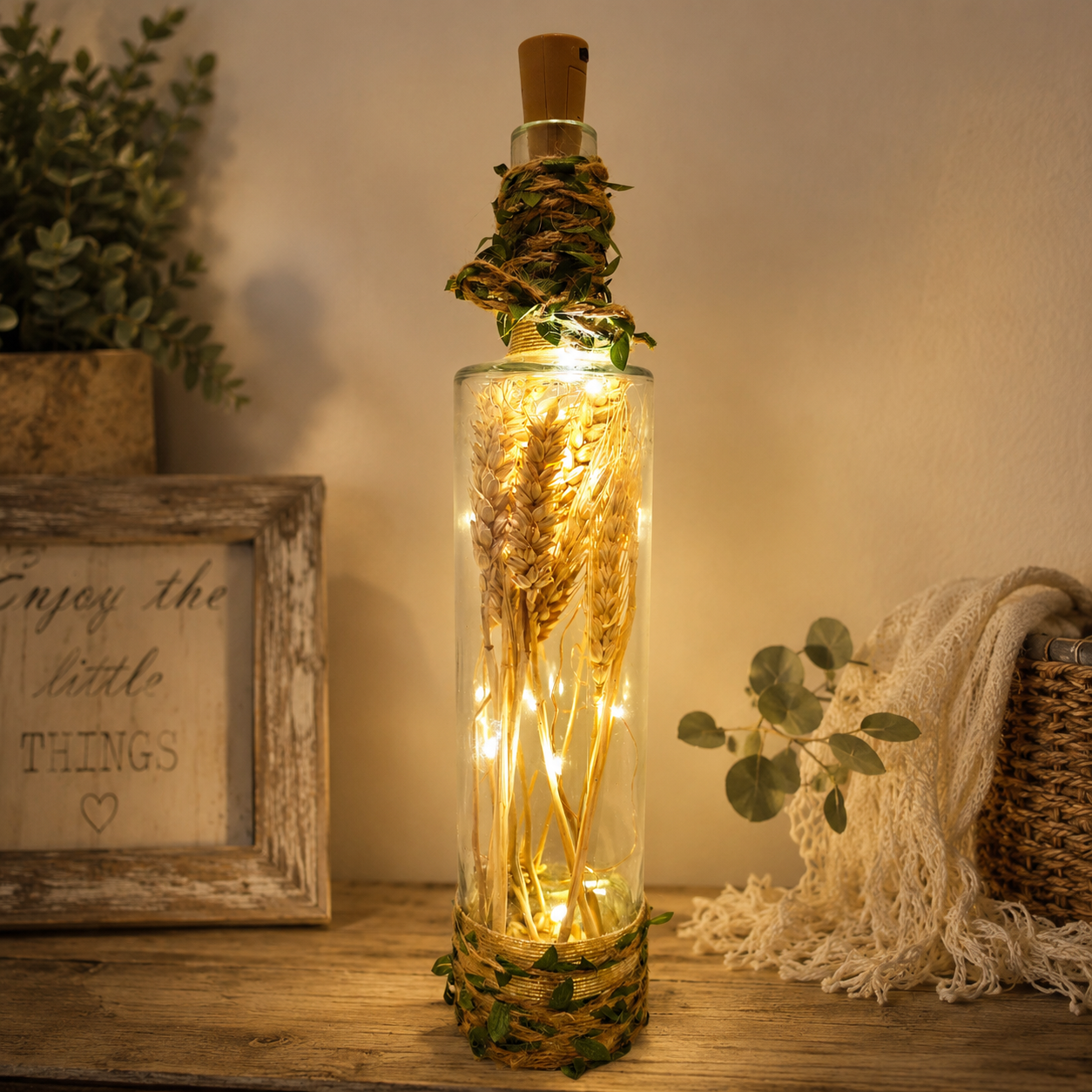 Rustic Wheat Bottle Lamp | Handmade Farmhouse LED Lighting | Quantock Inspiration