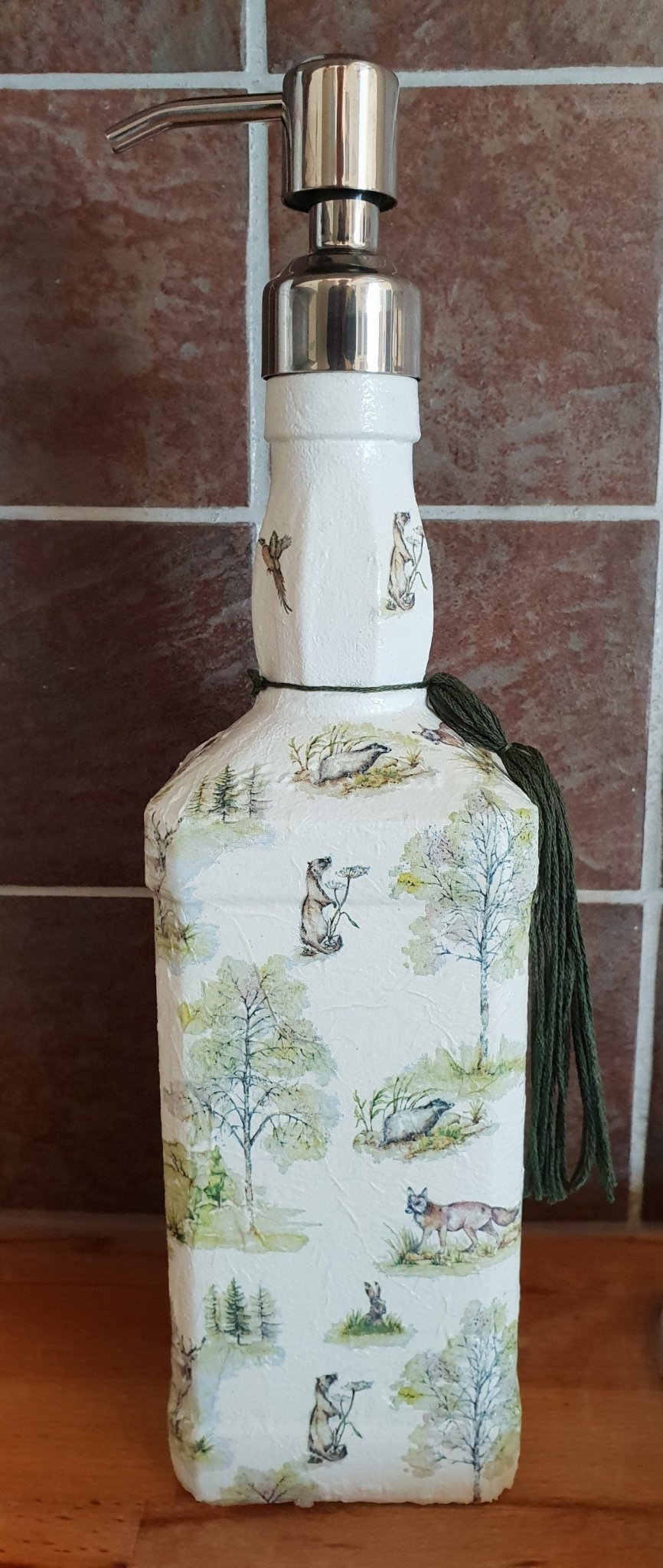 Whiskey Bottle Dispenser, Decoupage Glass Bottle Dispenser, Glass Bottle Dispenser, Recycled Bottle Dispenser - Quantock Inspiration