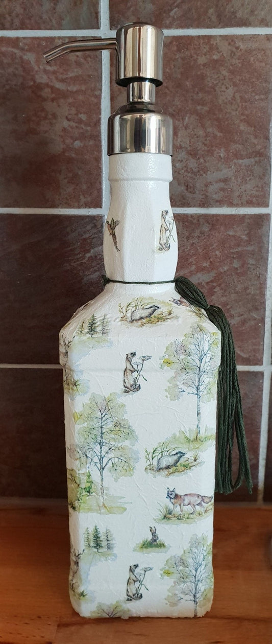 Whiskey Bottle Dispenser, Decoupage Glass Bottle Dispenser, Glass Bottle Dispenser, Recycled Bottle Dispenser - Quantock Inspiration