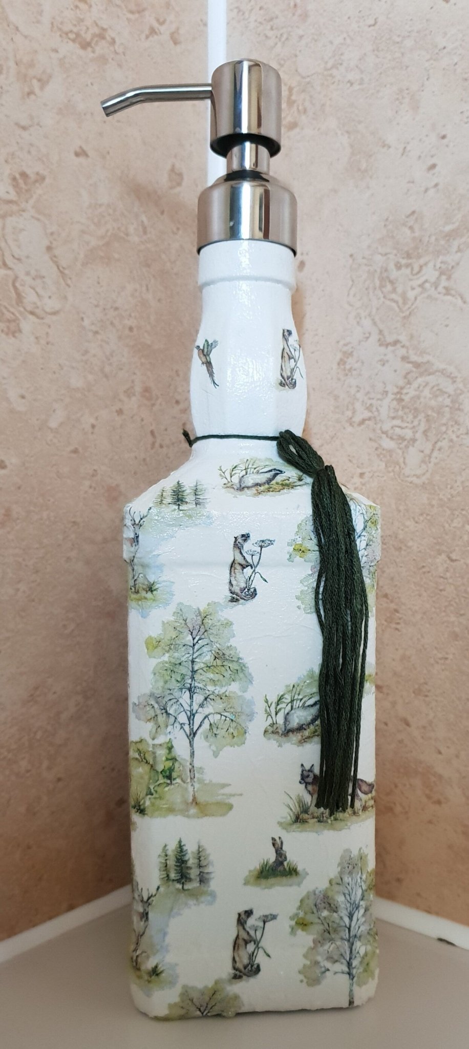 Whiskey Bottle Dispenser, Decoupage Glass Bottle Dispenser, Glass Bottle Dispenser, Recycled Bottle Dispenser - Quantock Inspiration