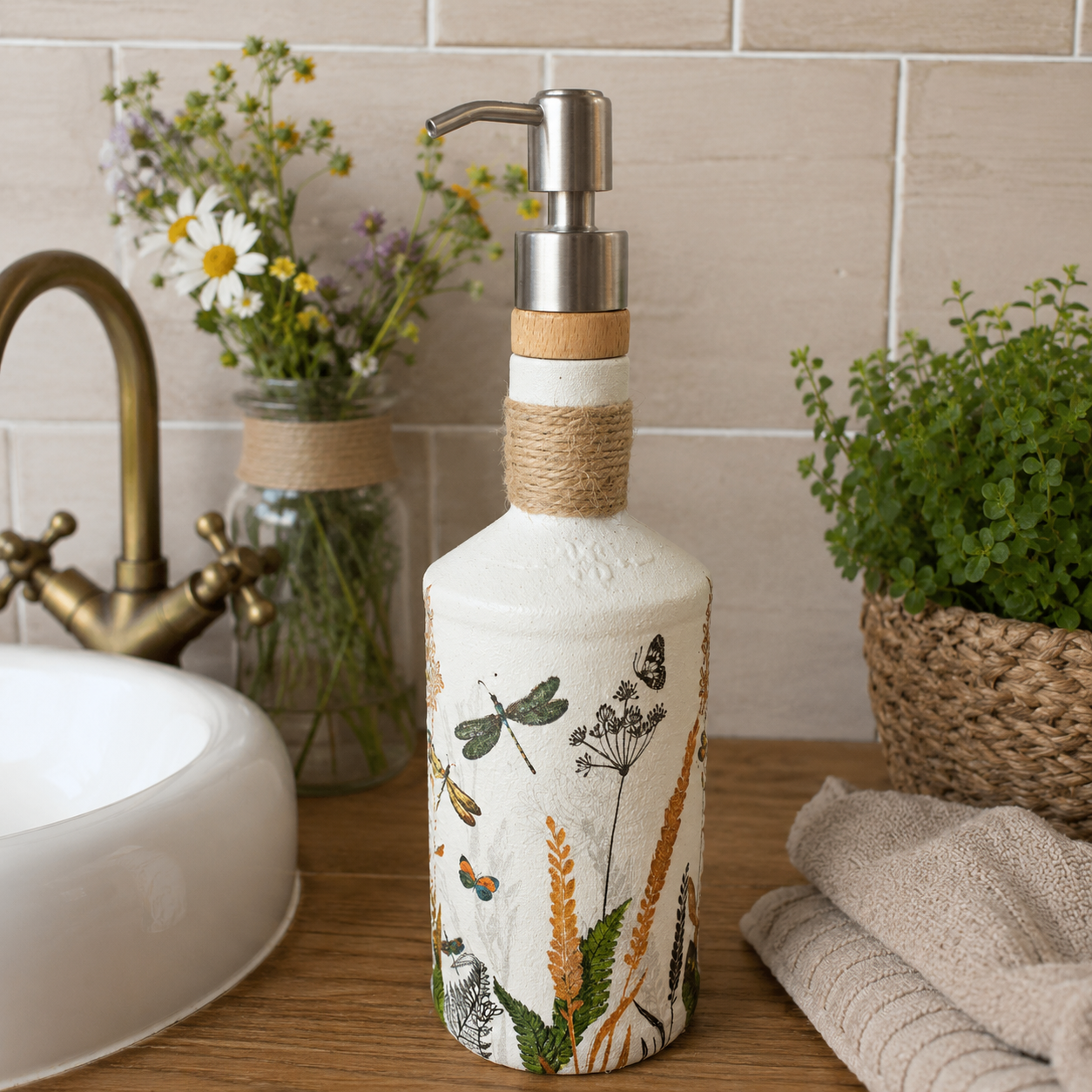 Gin bottle, painted white with wildflowers and dragonflies design.  Silver pump head secured on top of the cork. Jute twine around the neck of the bottle. In a kitchen lifestyle scene next to a white sink and a plant