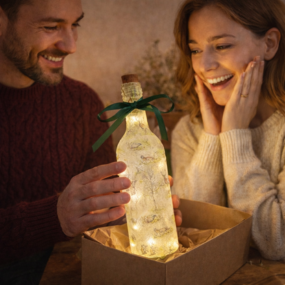 A decorative wine bottle with a woodland scene design. The bottle is illuminated with fairy lights and features a cork stopper and a dark green ribbon. The bottle's surface is textured and covered with images of deer, trees, and other forest animals. Man and woman taking it out of a box and smiling at it