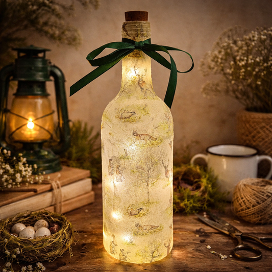 A decorative wine bottle with a woodland scene design. The bottle is illuminated with fairy lights and features a cork stopper and a dark green ribbon. The bottle's surface is textured and covered with images of deer, trees, and other forest animals.