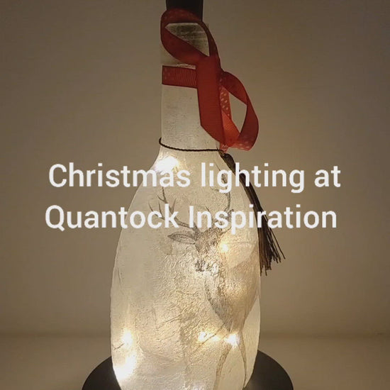 Rotating example of a Lit up round bottle with Stag detail. Cork LED lights, red bow.