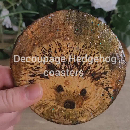 Four Decoupage Natural Wood Slice Hedgehog coasters. Varnished glossy look, hedgehog detail and bark left on the outer edge - video
