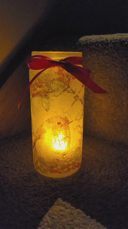 Rotaing lit up glass jar with robin detail. Red bow
