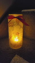 Load and play video in Gallery viewer, Rotaing lit up glass jar with robin detail. Red bow
